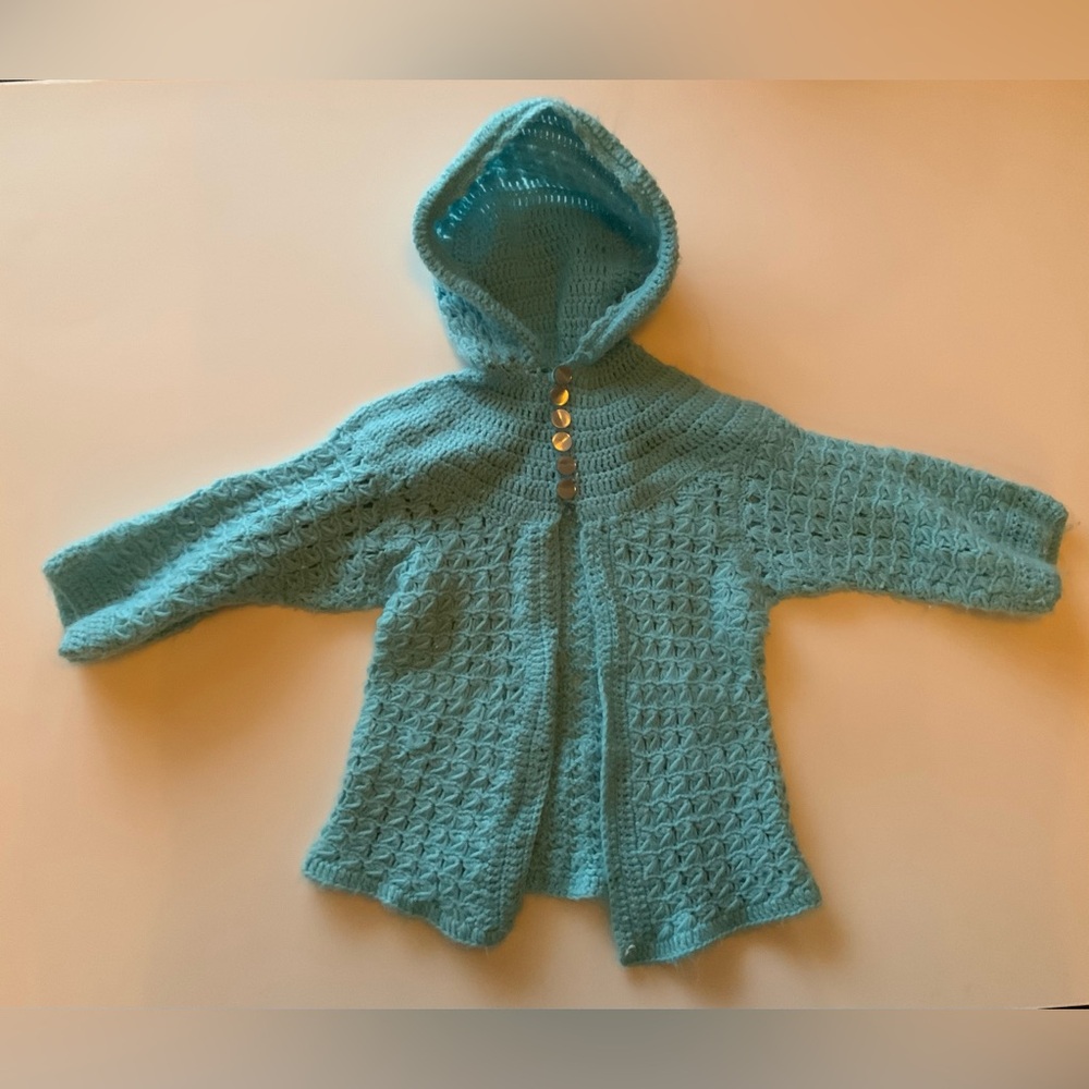 Vintage 70s Blue Crochet Hooded Cardigan